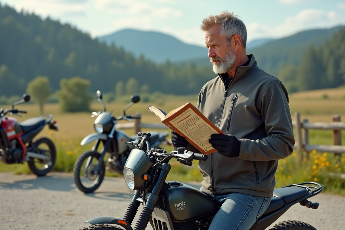 Homme avec guidebook et motos de trail en extérieur