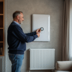 Homme d'âge moyen ajustant un radiateur électrique moderne dans un salon cosy
