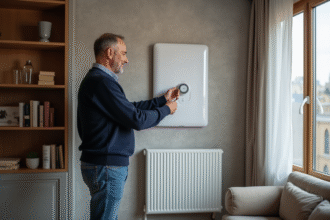 Homme d'âge moyen ajustant un radiateur électrique moderne dans un salon cosy
