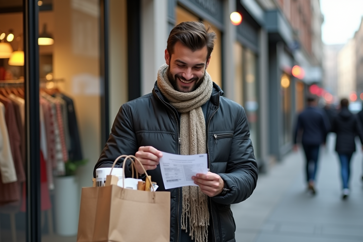 Jeune homme avec sacs de courses dans une rue urbaine animée