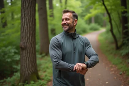 Homme d'âge moyen en tenue sportive sur un sentier forestier