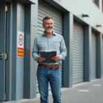 Homme d'âge moyen devant un centre de stockage à Lyon