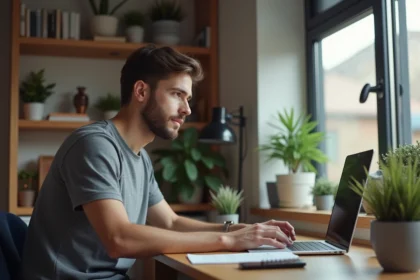 Homme concentré sur son ordinateur dans un bureau cosy