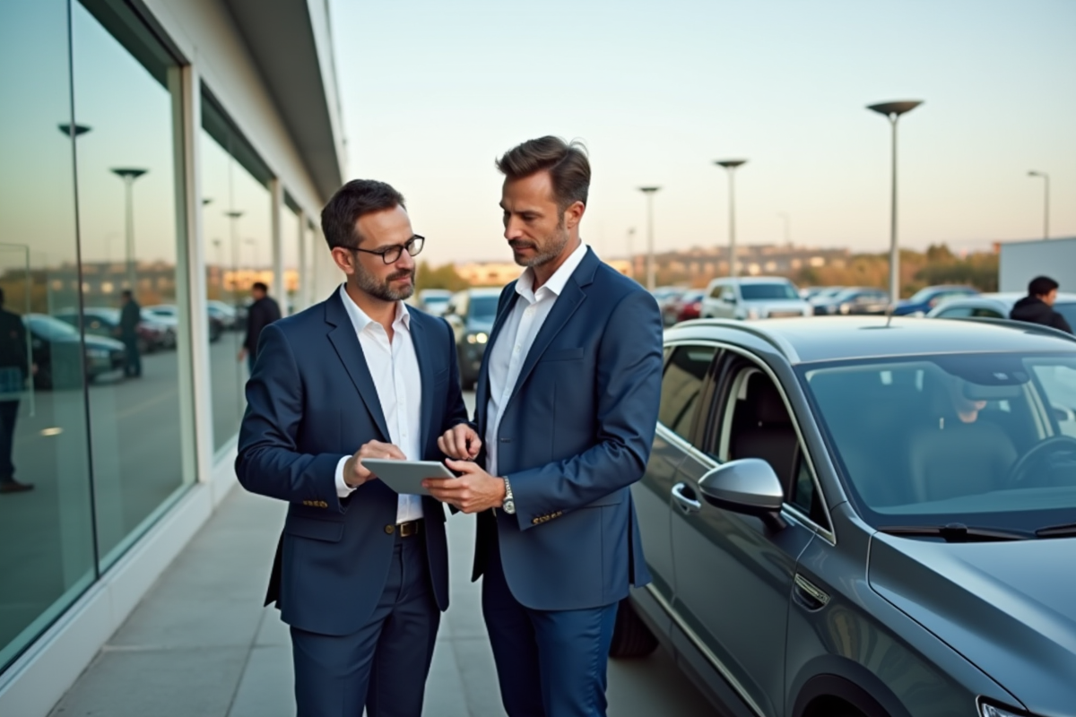 Homme d'âge moyen en blazer bleu examine un tableau auto