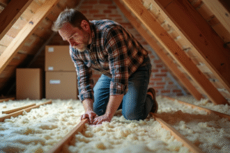 Homme installant de l'isolation dans un grenier