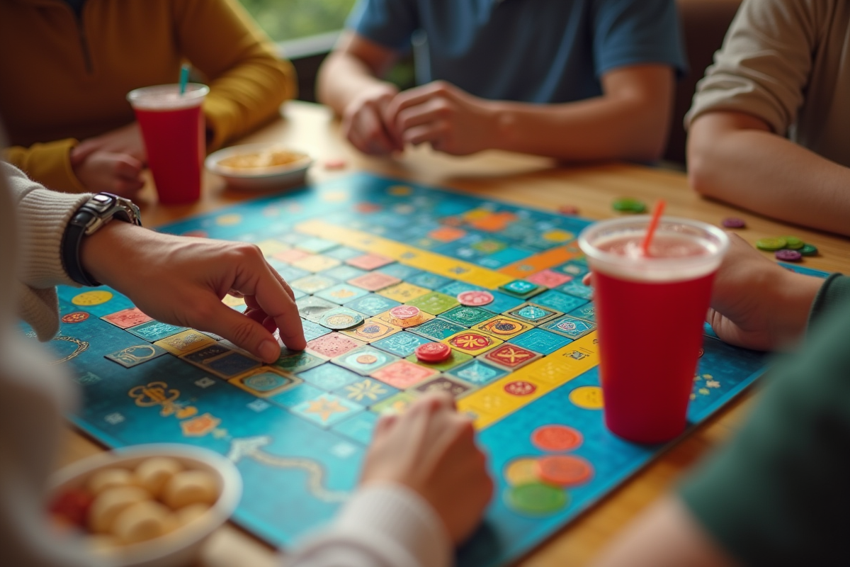 Mains manipulant des pièces de jeu sur un plateau coloré