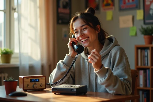 Jeune femme souriante tenant un téléphone vintage en appelant une radio pour une dédicace musicale