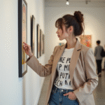 Jeune femme en blazer examinant une peinture abstraite dans une galerie d'art