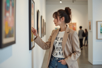 Jeune femme en blazer examinant une peinture abstraite dans une galerie d'art
