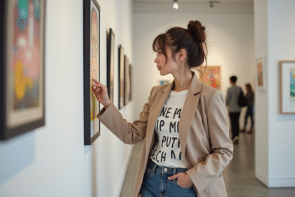 Jeune femme en blazer examinant une peinture abstraite dans une galerie d'art