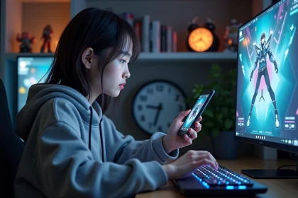 Jeune femme en streetwear joue à ses jeux vidéo à la maison