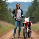 Jeune femme en motocross avec vélo tout-terrain en nature