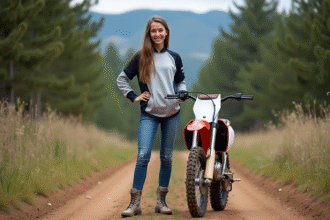 Jeune femme en motocross avec vélo tout-terrain en nature