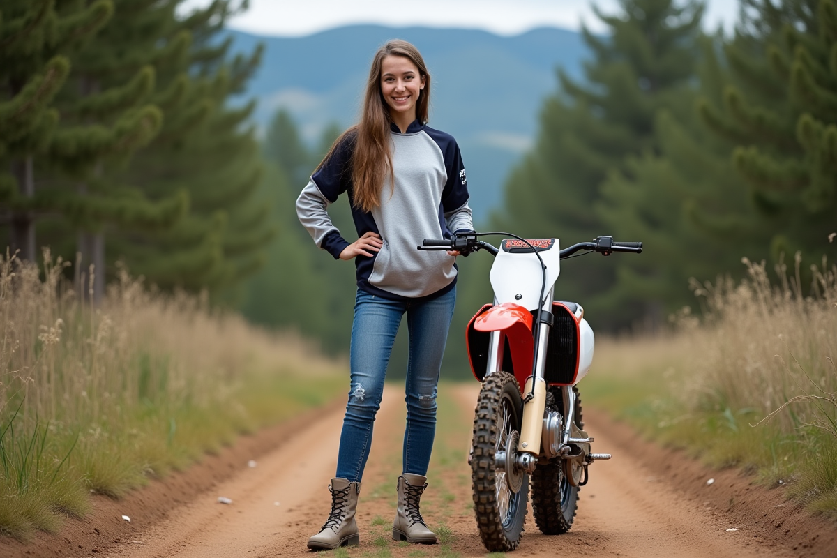 Jeune femme en motocross avec vélo tout-terrain en nature