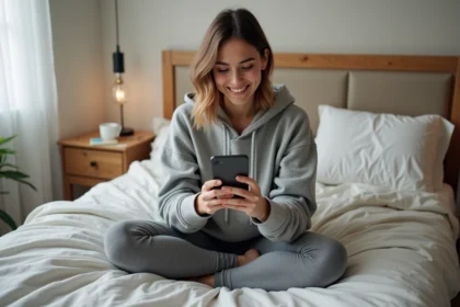 Jeune femme souriante sur son lit avec téléphone dans une chambre cosy