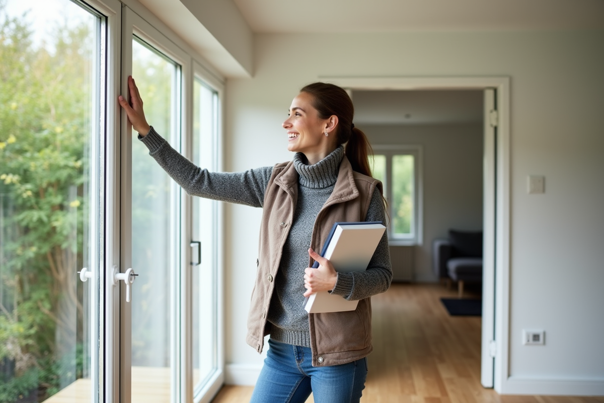 Femme vérifiant une fenêtre à haute efficacité énergétique
