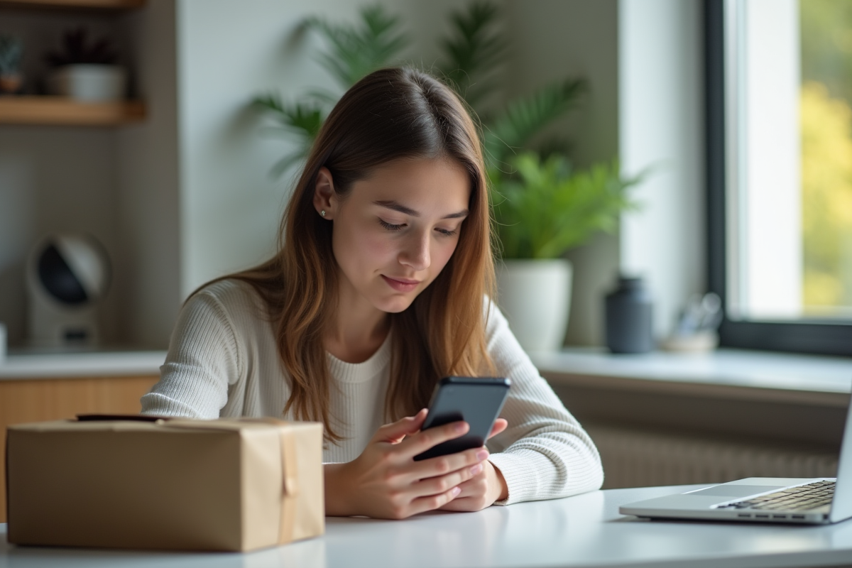 Jeune femme avec smartphone et colis Vinted en intérieur