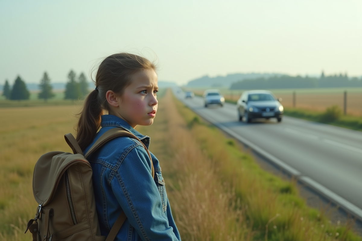 Jeune fille regardant les voitures sur une route rurale