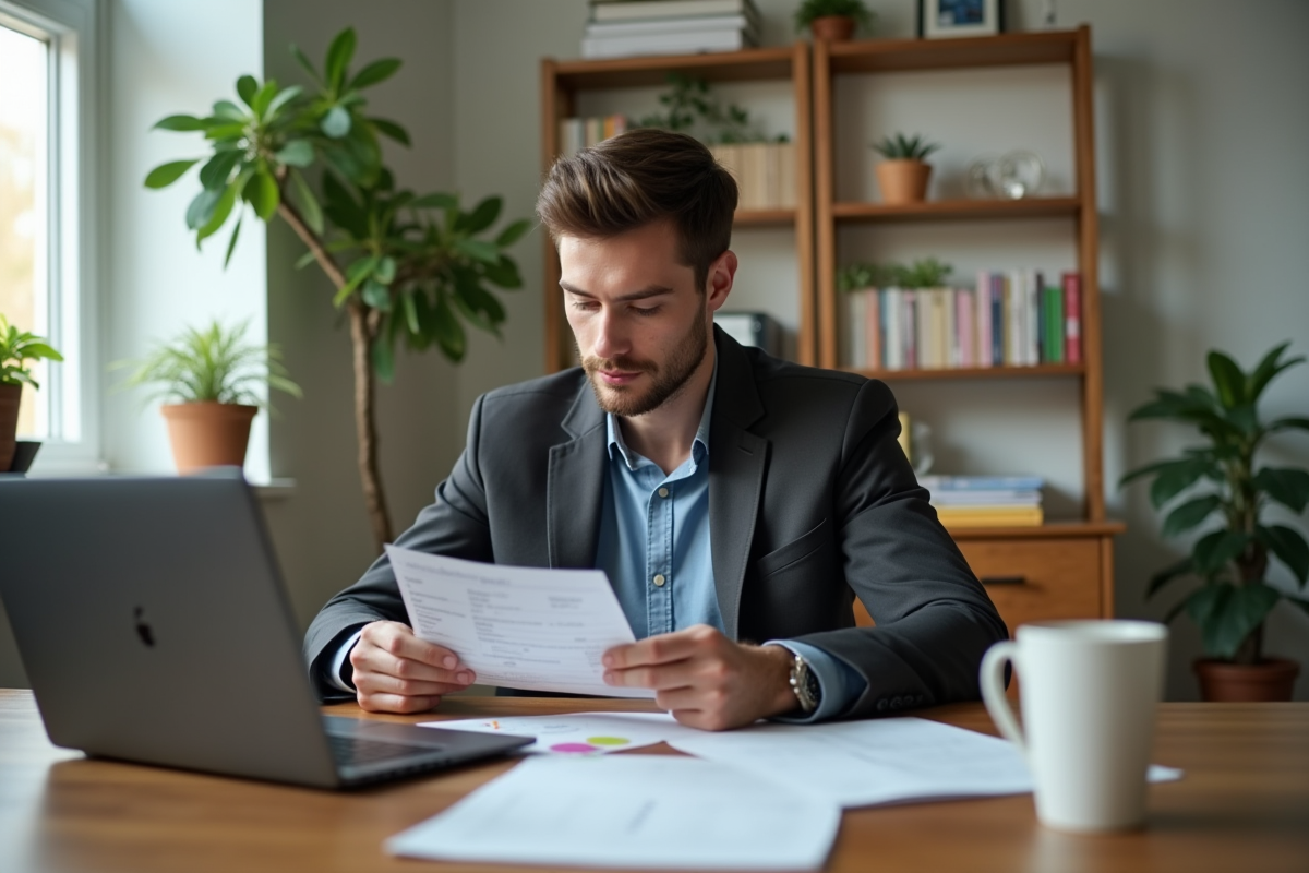 Jeune homme lisant bon Cadhoc dans son bureau