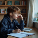 Adolescent pensif dans sa chambre en train d'écrire