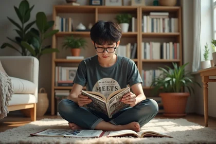 Jeune homme lisant manga dans un salon cosy avec livres et plantes