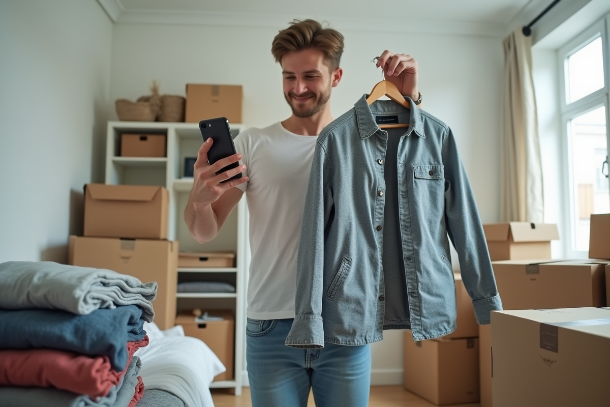 Jeune homme photographie un manteau dans sa chambre organisée