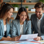 Trois jeunes professionnels souriants dans un bureau moderne