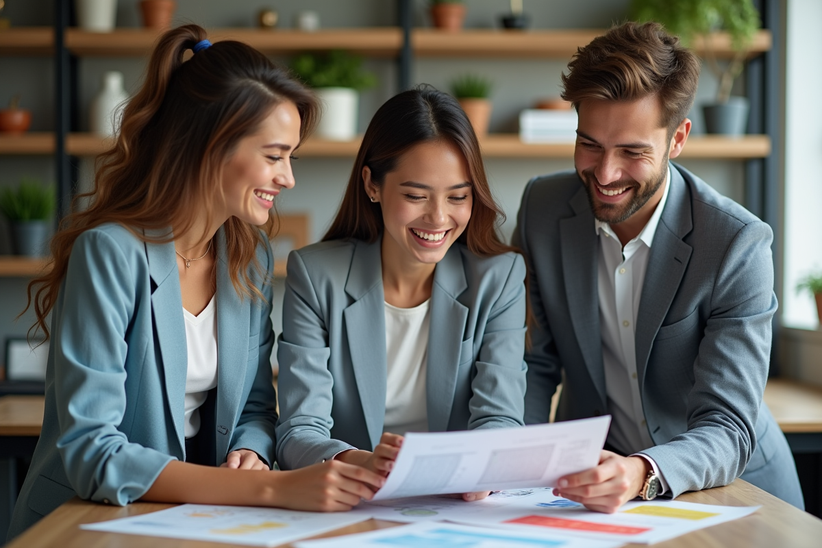 Trois jeunes professionnels souriants dans un bureau moderne