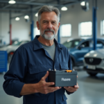 Mécanicien homme en uniforme tenant une batterie hybride dans un atelier