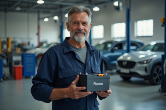 Mécanicien homme en uniforme tenant une batterie hybride dans un atelier