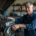 Mécanicien homme en atelier vérifiant un moteur diesel