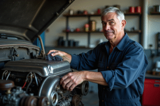 Mécanicien homme en atelier vérifiant un moteur diesel