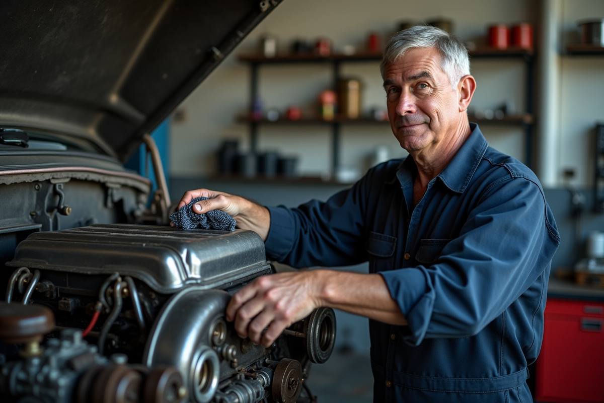 Mécanicien homme en atelier vérifiant un moteur diesel