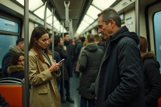 Intérieur bondé d'une rame de métro ligne 7 à Paris pendant les heures de pointe avec des voyageurs debout agrippés aux barres
