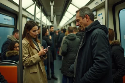 Intérieur bondé d'une rame de métro ligne 7 à Paris pendant les heures de pointe avec des voyageurs debout agrippés aux barres