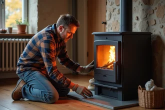 Homme moyenâgeux nettoyant un poêle à pellets moderne