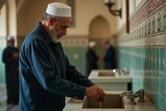 Homme se préparant pour la prière du soir dans une mosquée parisienne pendant le ramadan