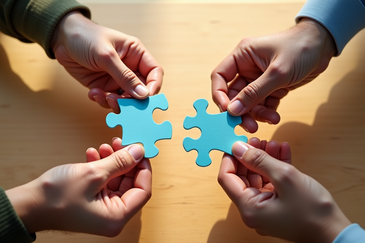 Mains diverses tenant des pièces de puzzle entrelacées sur un bureau lumineux