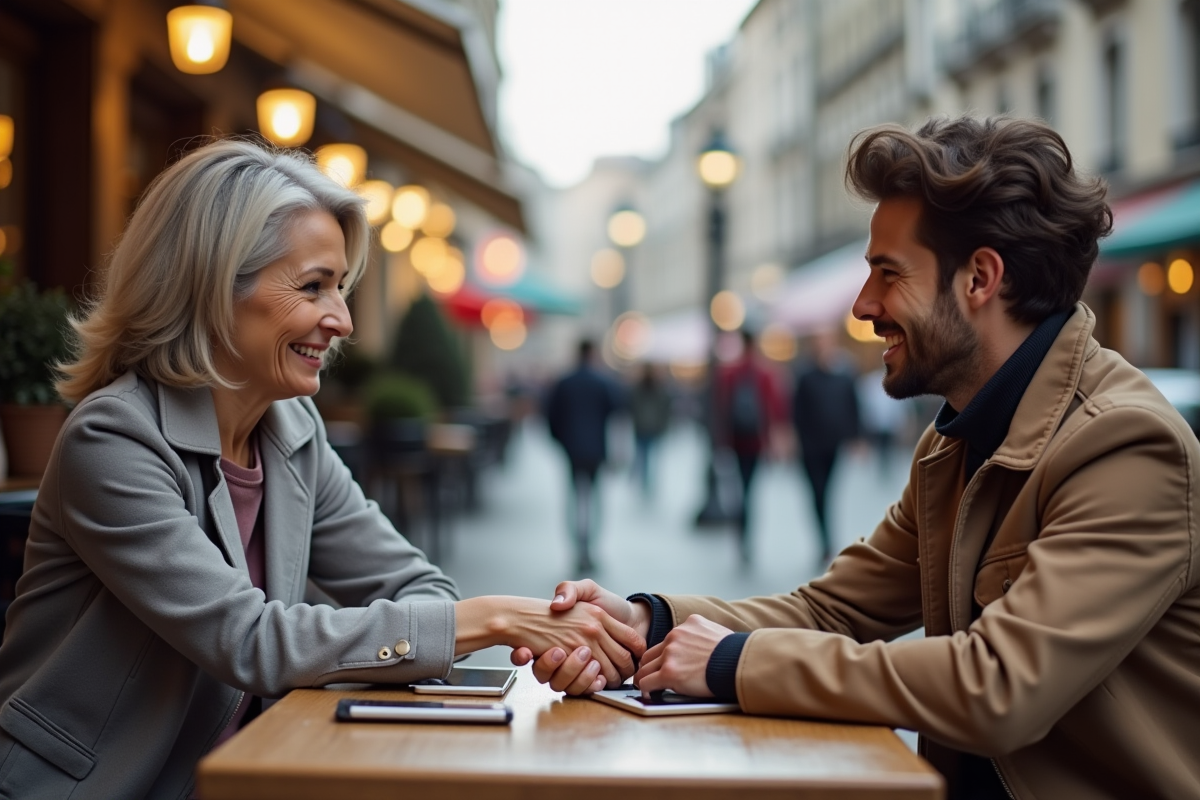 Une femme et un homme se serrant la main devant un café en ville