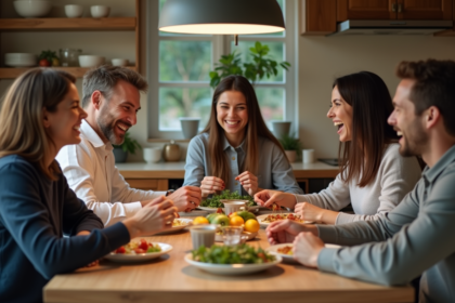 Groupe d'adultes partageant un repas dans la cuisine