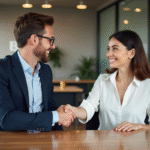 Deux jeunes professionnels se serrant la main dans un bureau moderne