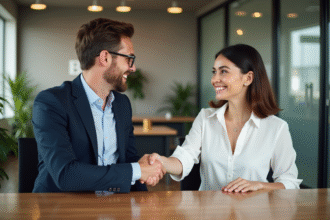 Deux jeunes professionnels se serrant la main dans un bureau moderne