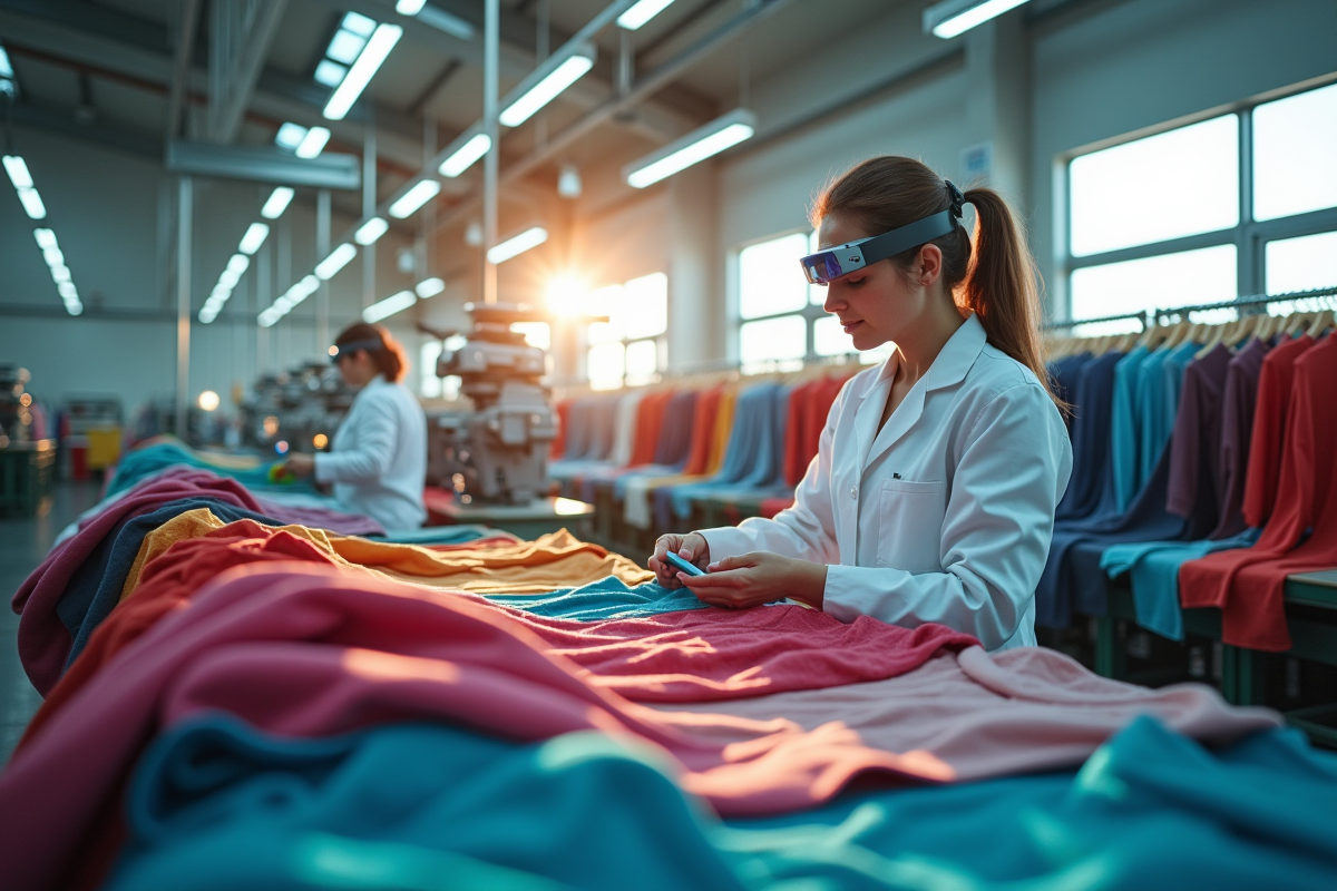 Usine high-tech avec bras robotisés assemblant des vêtements colorés sous lumière naturelle