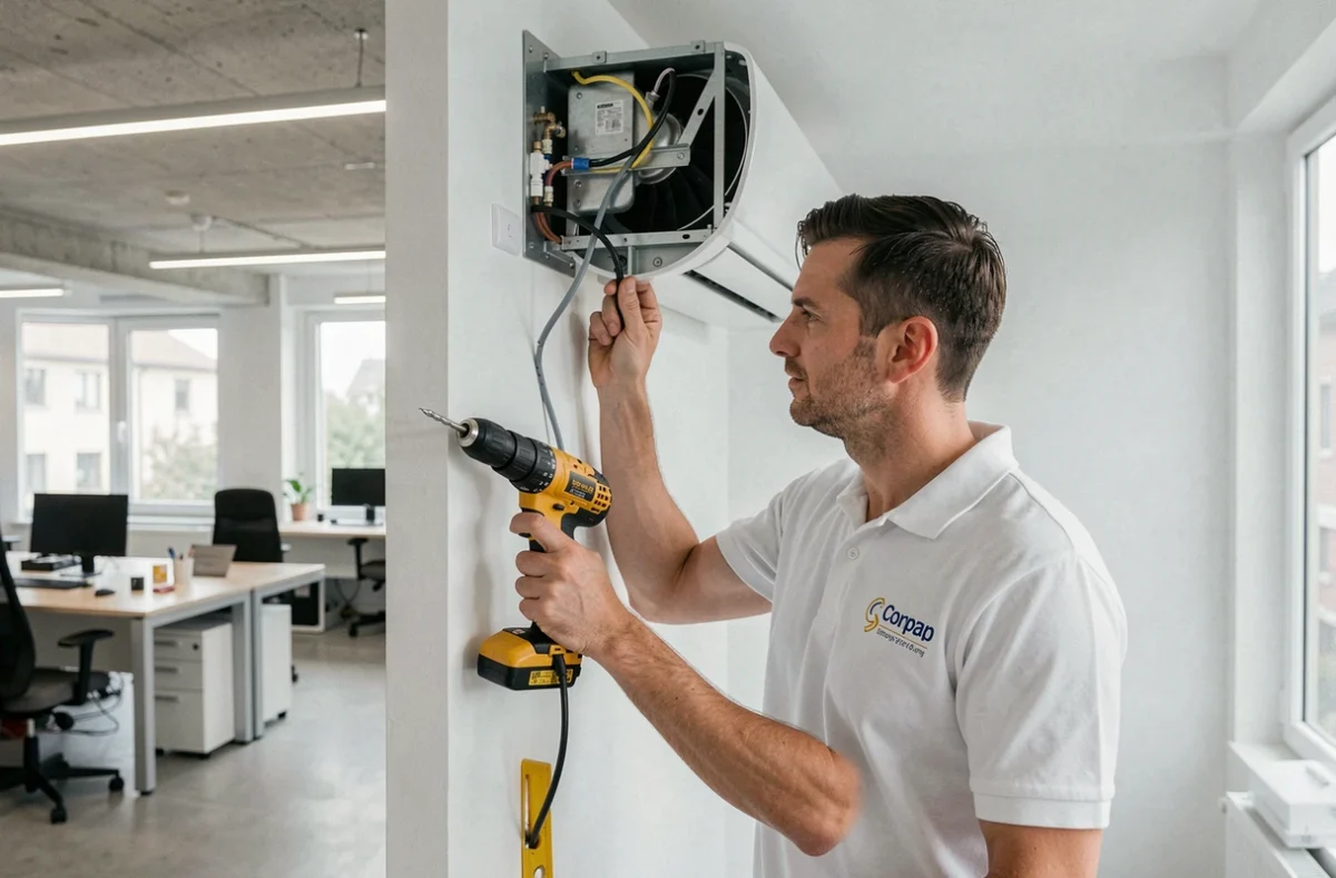 Un technicien climatisation en polo blanc installe une unité de climatisation murale dans un bureau moderne avec des connexions de fluide frigorigène visibles