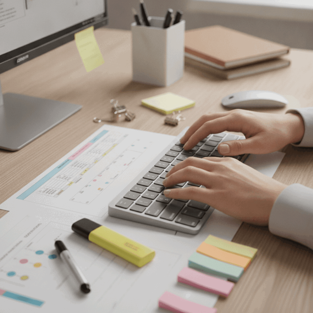 Mains d'opératrice ADV validant une commande avec documents de référence et outils de calibrage sur le bureau