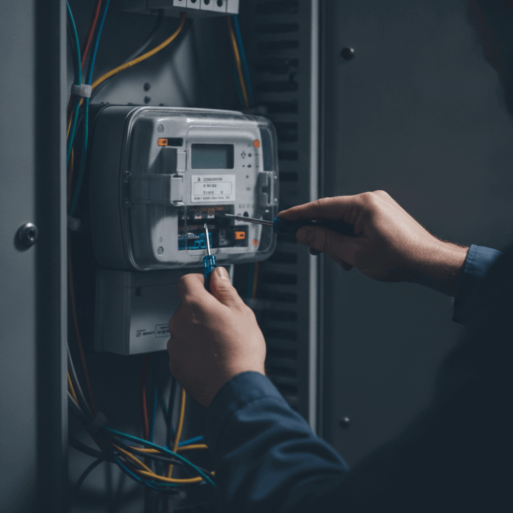 Technicien installant un module de télérelève sur un compteur communicant en local technique