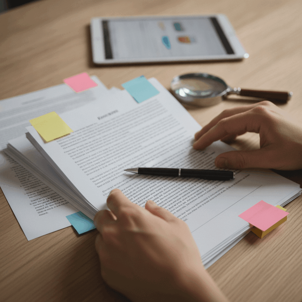 Mains comparant des avis clients imprimés pour vérifier leur fiabilité avant de choisir un avocat