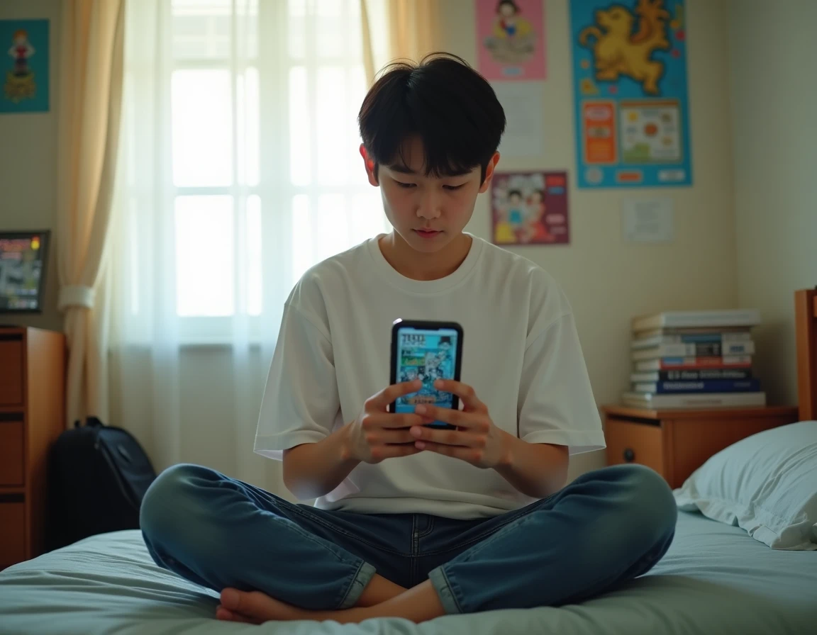 Adolescent lisant des mangas gratuits sur smartphone exposé aux publicités intrusives et aux risques de collecte de données personnelles