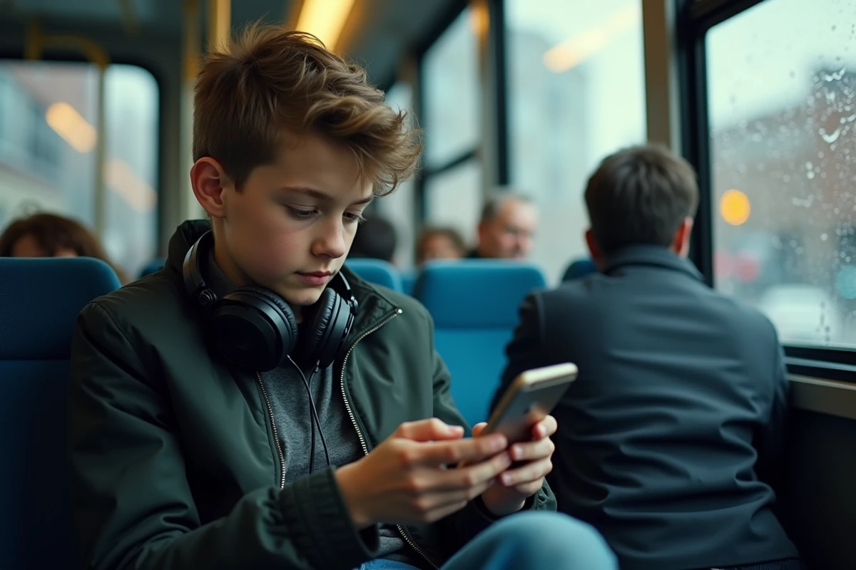 Adolescent dans un bus consultant son téléphone pour trouver le numéro d'une radio comme Skyrock