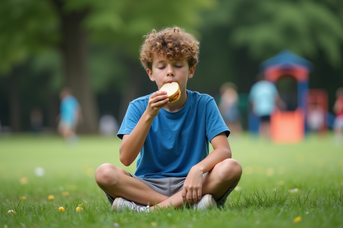 Jeune garçon mangeant un sandwich dans un parc en plein air